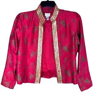 Chico's Asian Inspired Silk Beaded Red Gold‎ Blazer Jacket Women's Medium Career